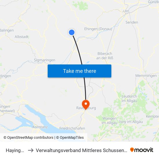 Hayingen to Verwaltungsverband Mittleres Schussental map