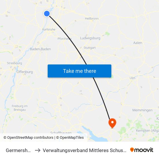 Germersheim to Verwaltungsverband Mittleres Schussental map