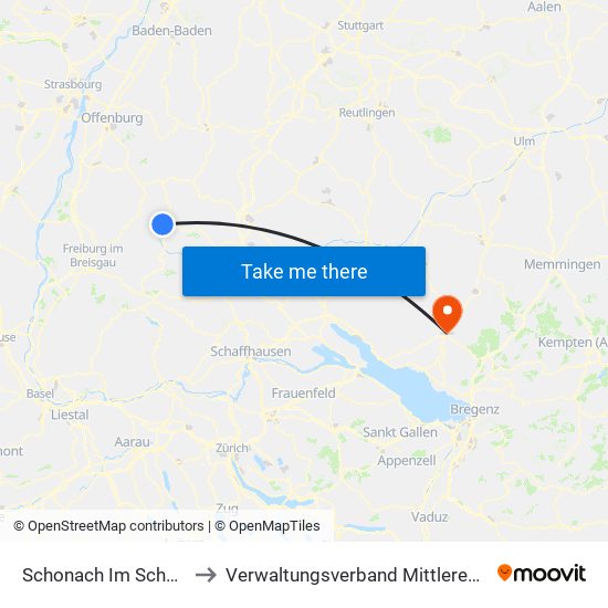 Schonach Im Schwarzwald to Verwaltungsverband Mittleres Schussental map
