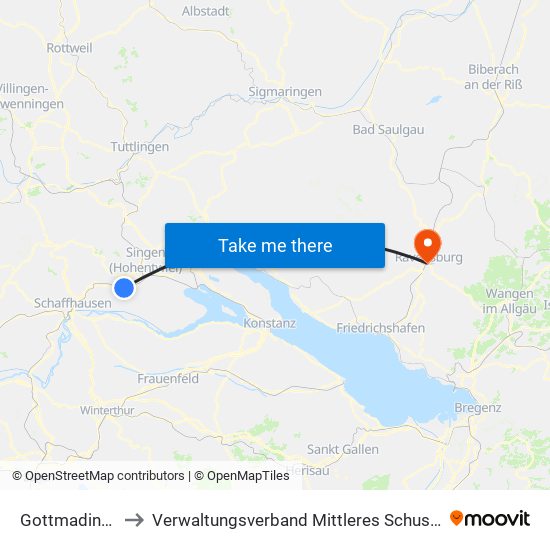 Gottmadingen to Verwaltungsverband Mittleres Schussental map