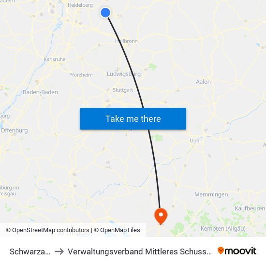 Schwarzach to Verwaltungsverband Mittleres Schussental map