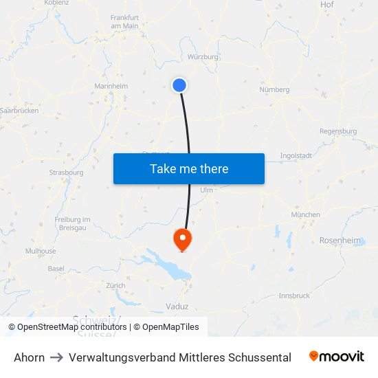 Ahorn to Verwaltungsverband Mittleres Schussental map