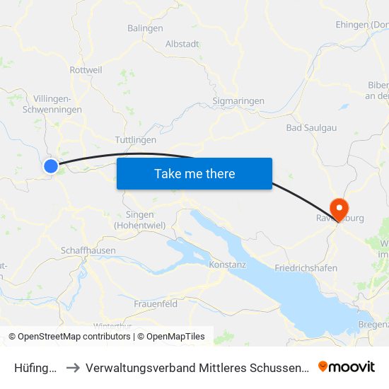 Hüfingen to Verwaltungsverband Mittleres Schussental map