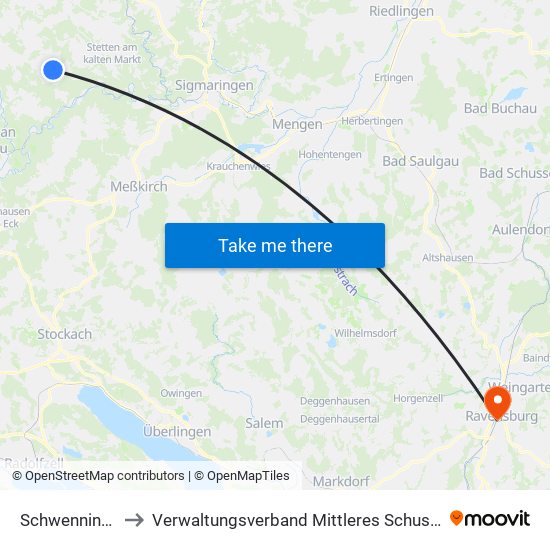 Schwenningen to Verwaltungsverband Mittleres Schussental map