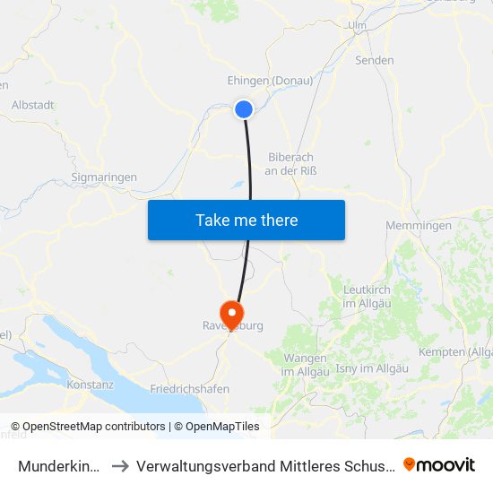 Munderkingen to Verwaltungsverband Mittleres Schussental map