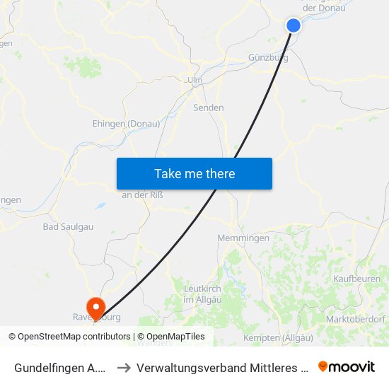 Gundelfingen A.D.Donau to Verwaltungsverband Mittleres Schussental map