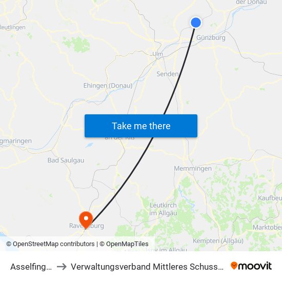 Asselfingen to Verwaltungsverband Mittleres Schussental map