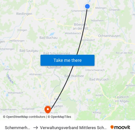 Schemmerhofen to Verwaltungsverband Mittleres Schussental map