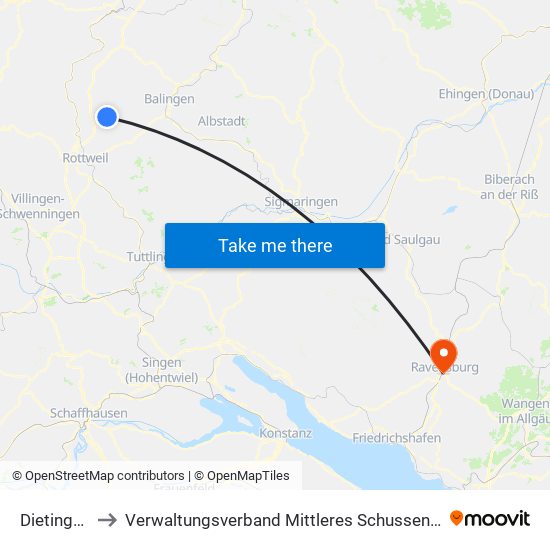 Dietingen to Verwaltungsverband Mittleres Schussental map