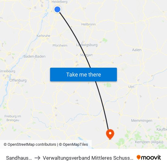 Sandhausen to Verwaltungsverband Mittleres Schussental map