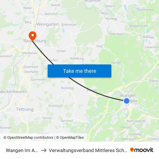 Wangen Im Allgäu to Verwaltungsverband Mittleres Schussental map