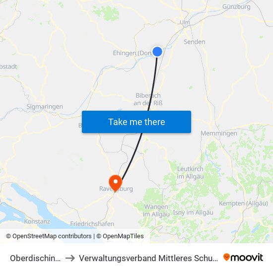 Oberdischingen to Verwaltungsverband Mittleres Schussental map