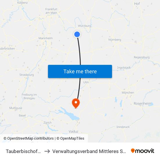 Tauberbischofsheim to Verwaltungsverband Mittleres Schussental map