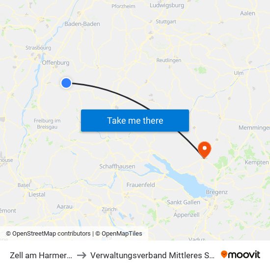 Zell am Harmersbach to Verwaltungsverband Mittleres Schussental map