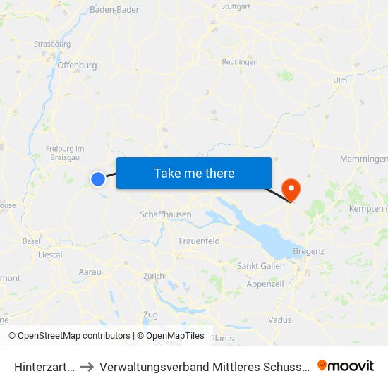 Hinterzarten to Verwaltungsverband Mittleres Schussental map