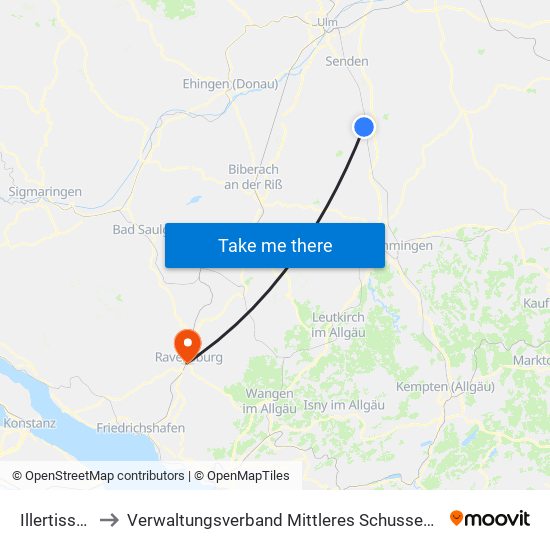 Illertissen to Verwaltungsverband Mittleres Schussental map