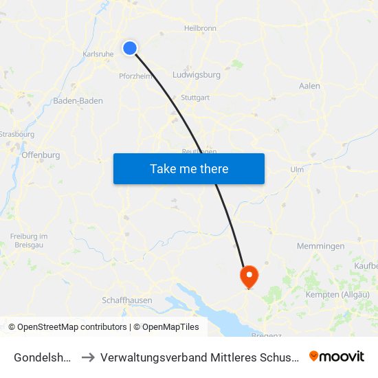 Gondelsheim to Verwaltungsverband Mittleres Schussental map