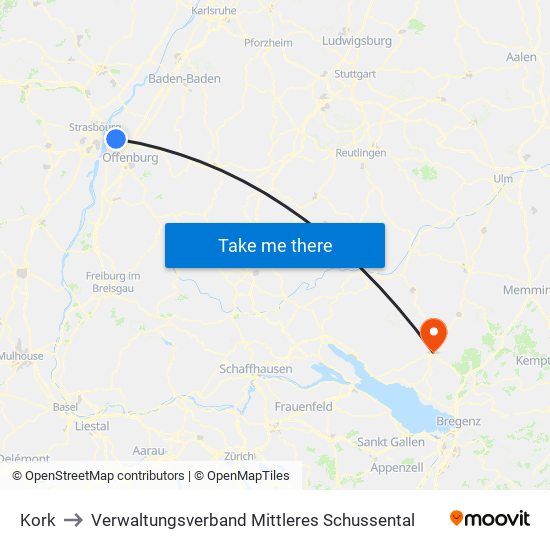 Kork to Verwaltungsverband Mittleres Schussental map