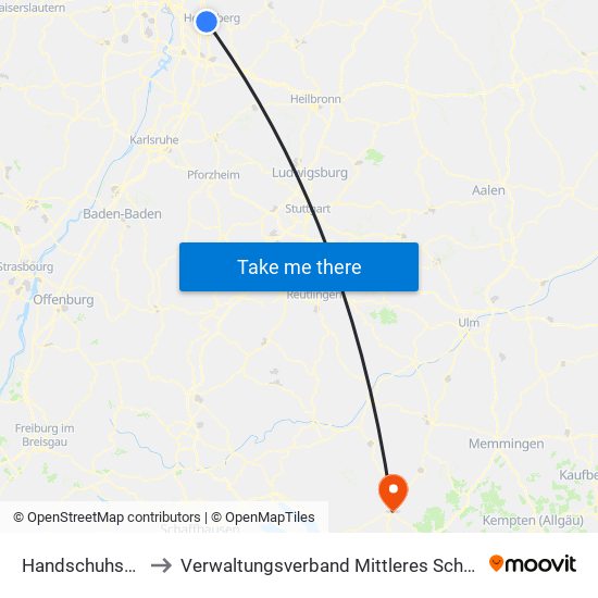 Handschuhsheim to Verwaltungsverband Mittleres Schussental map