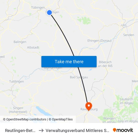 Reutlingen-Betzingen to Verwaltungsverband Mittleres Schussental map