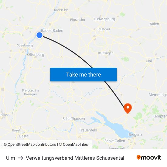 Ulm to Verwaltungsverband Mittleres Schussental map