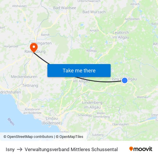 Isny to Verwaltungsverband Mittleres Schussental map