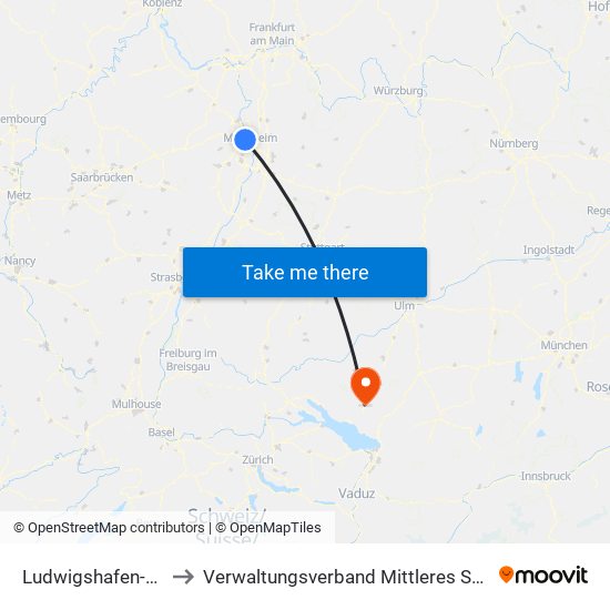 Ludwigshafen-Oppau to Verwaltungsverband Mittleres Schussental map