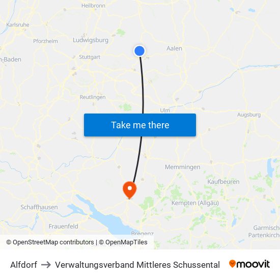 Alfdorf to Verwaltungsverband Mittleres Schussental map