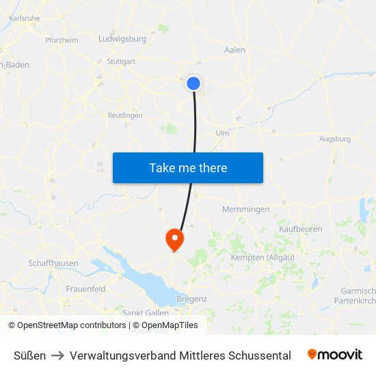 Süßen to Verwaltungsverband Mittleres Schussental map