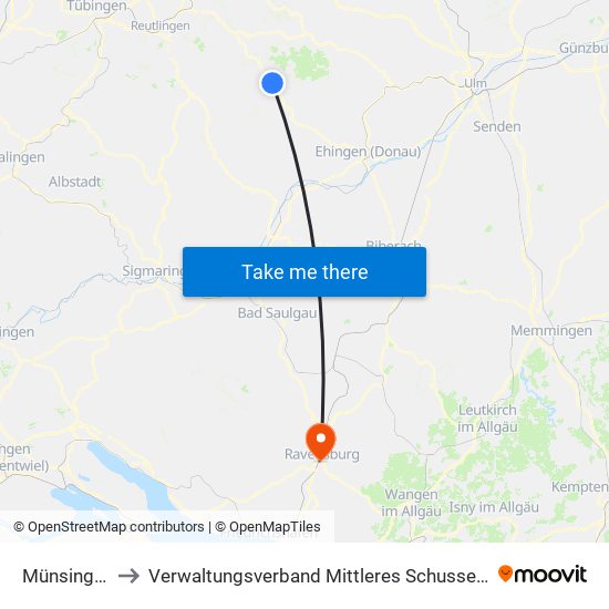 Münsingen to Verwaltungsverband Mittleres Schussental map