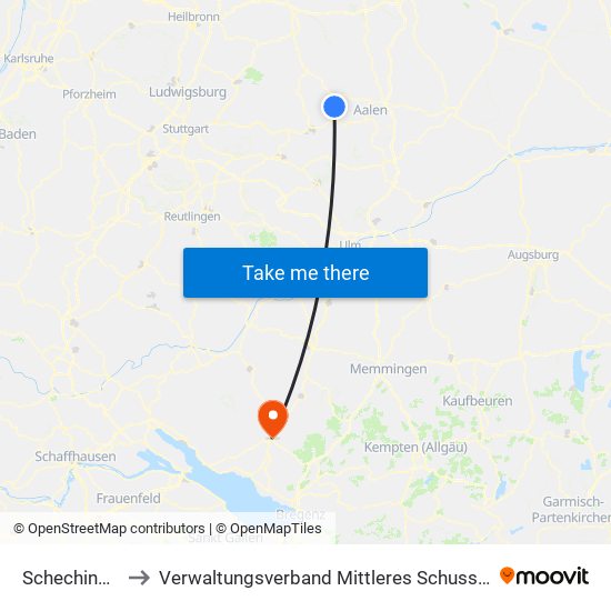 Schechingen to Verwaltungsverband Mittleres Schussental map