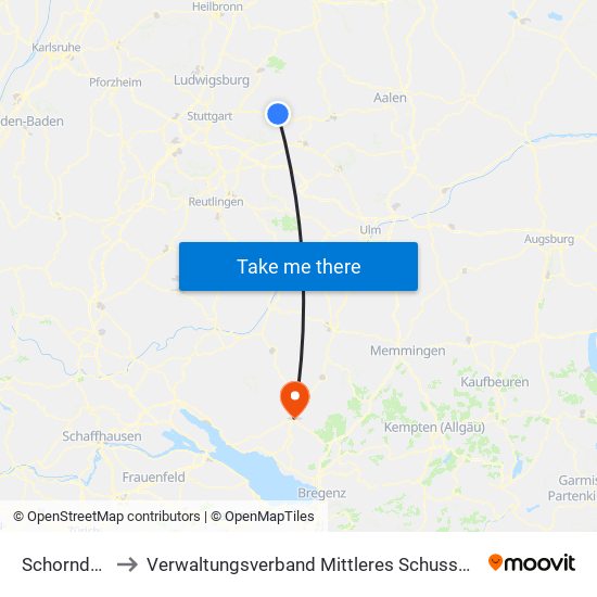 Schorndorf to Verwaltungsverband Mittleres Schussental map