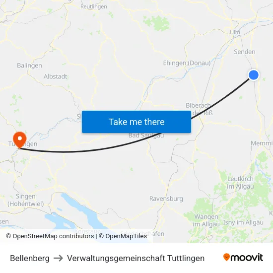 Bellenberg to Verwaltungsgemeinschaft Tuttlingen map
