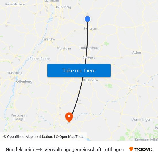 Gundelsheim to Verwaltungsgemeinschaft Tuttlingen map