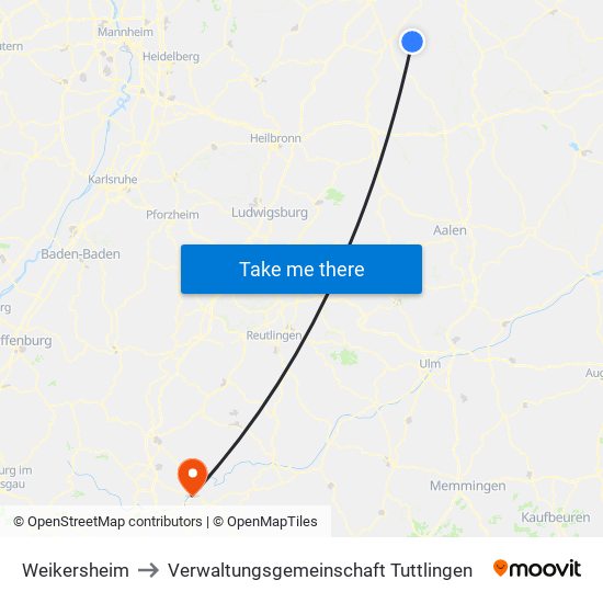 Weikersheim to Verwaltungsgemeinschaft Tuttlingen map