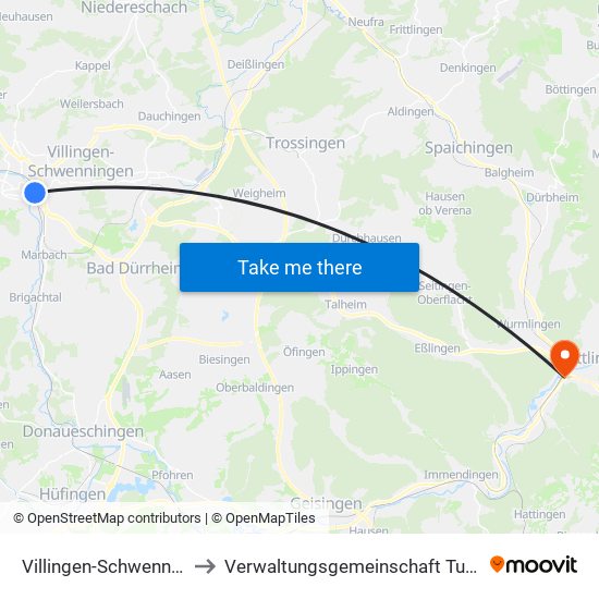 Villingen-Schwenningen to Verwaltungsgemeinschaft Tuttlingen map