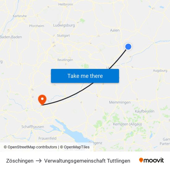 Zöschingen to Verwaltungsgemeinschaft Tuttlingen map