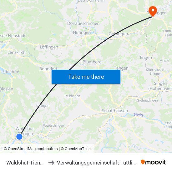 Waldshut-Tiengen to Verwaltungsgemeinschaft Tuttlingen map