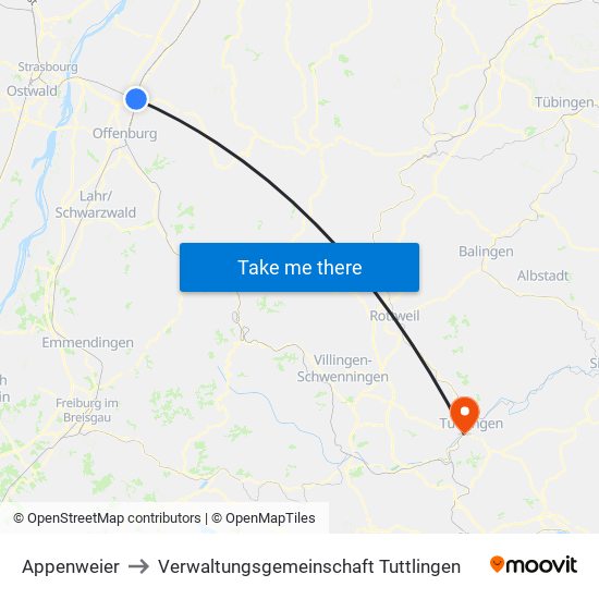 Appenweier to Verwaltungsgemeinschaft Tuttlingen map