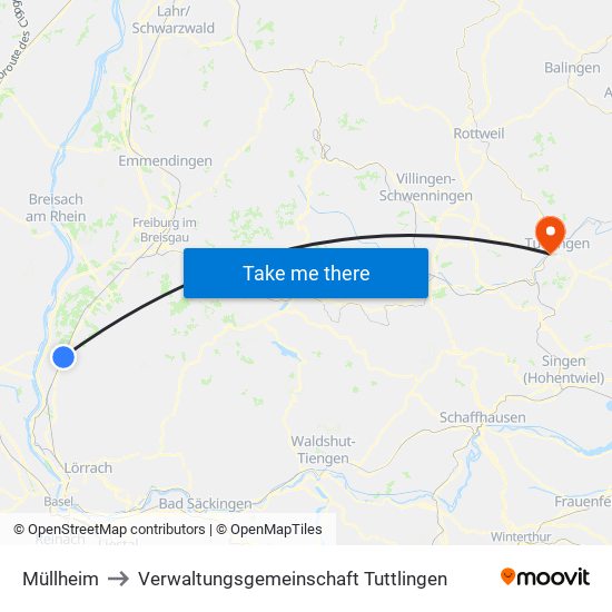 Müllheim to Verwaltungsgemeinschaft Tuttlingen map