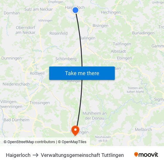 Haigerloch to Verwaltungsgemeinschaft Tuttlingen map