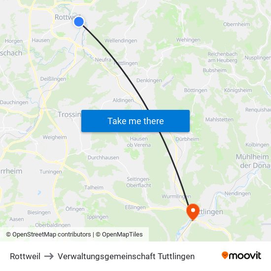 Rottweil to Verwaltungsgemeinschaft Tuttlingen map