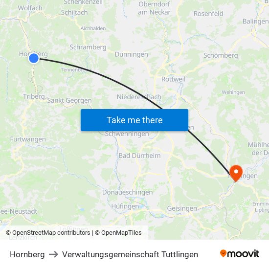 Hornberg to Verwaltungsgemeinschaft Tuttlingen map