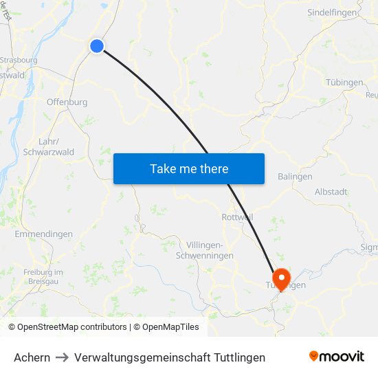 Achern to Verwaltungsgemeinschaft Tuttlingen map