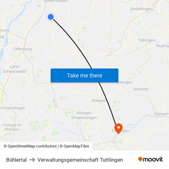 Bühlertal to Verwaltungsgemeinschaft Tuttlingen map