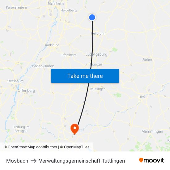 Mosbach to Verwaltungsgemeinschaft Tuttlingen map