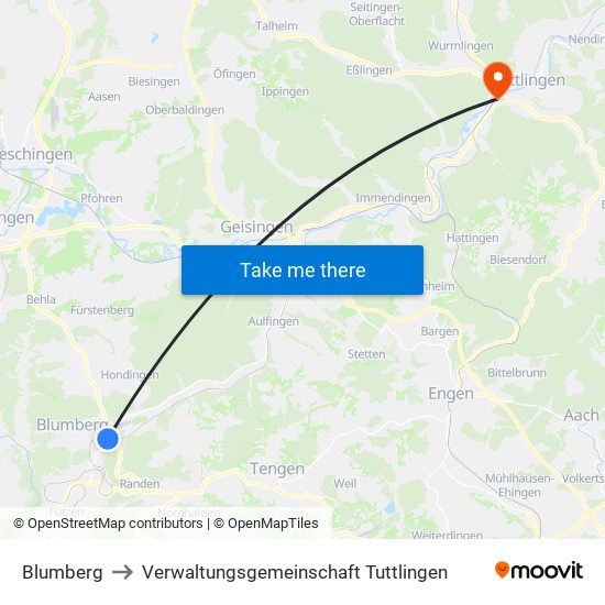 Blumberg to Verwaltungsgemeinschaft Tuttlingen map