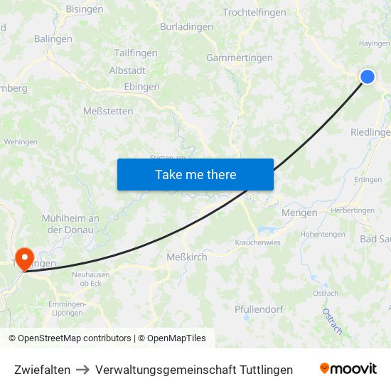 Zwiefalten to Verwaltungsgemeinschaft Tuttlingen map