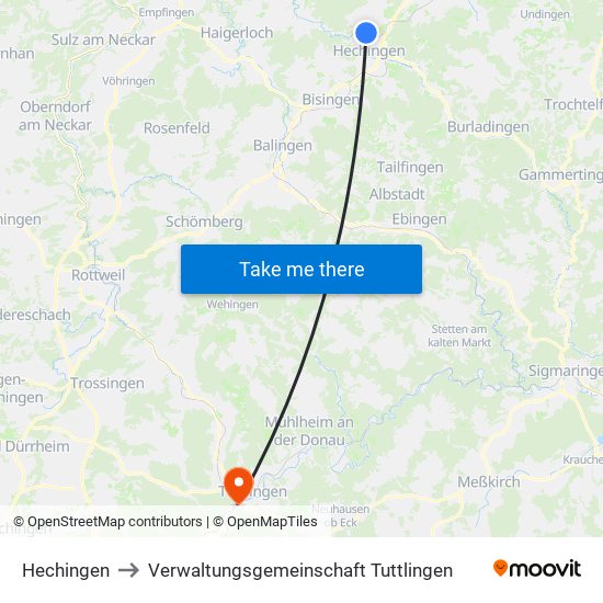 Hechingen to Verwaltungsgemeinschaft Tuttlingen map