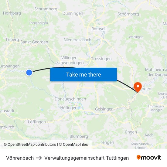 Vöhrenbach to Verwaltungsgemeinschaft Tuttlingen map